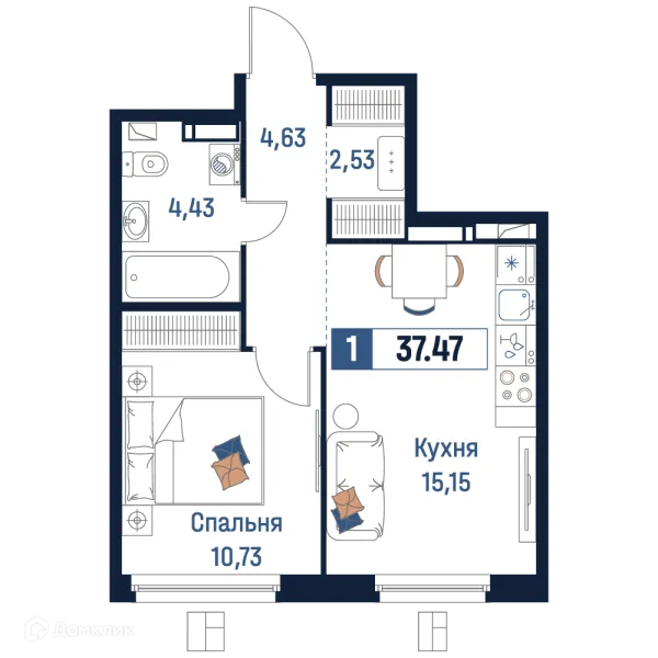 Планировка 1 комн. в ЖК Максималист