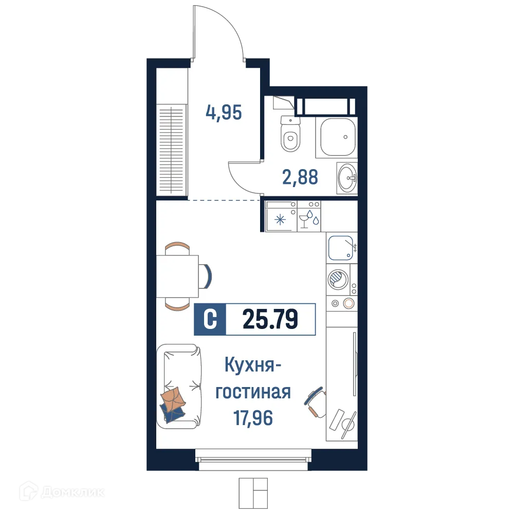 Планировка студии квартиры 25.79 м² в ЖК Максималист, г. Мурино — фото 1
