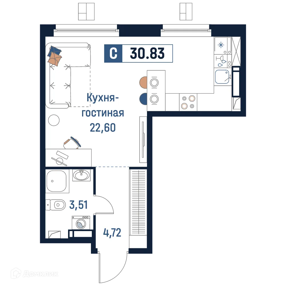 Планировка студии квартиры 30.83 м² в ЖК Максималист, г. Мурино — фото 1