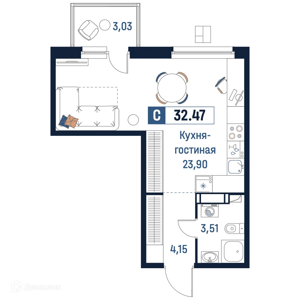 Планировка студии квартиры 32.47 м² в ЖК Максималист, г. Мурино — фото 1