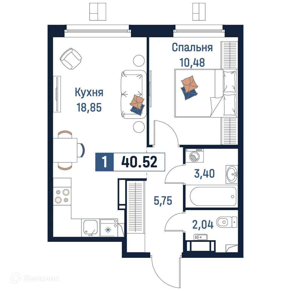 Планировка 1-комнатной квартиры 40.52 м² в ЖК Максималист, г. Мурино — фото 1