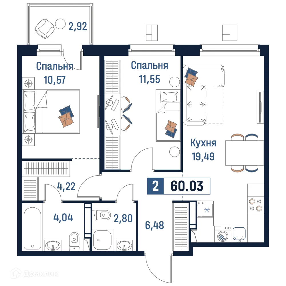 Планировка 2-комнатной квартиры 60.03 м² в ЖК Максималист, г. Мурино — фото 1