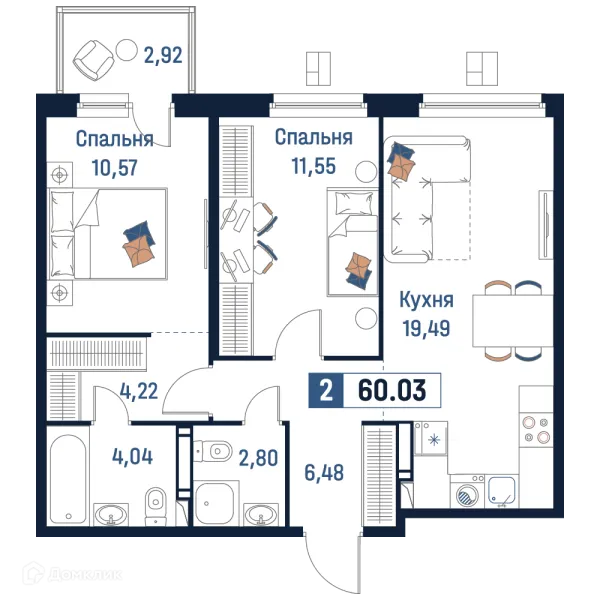 Планировка 2 комн. в ЖК Максималист