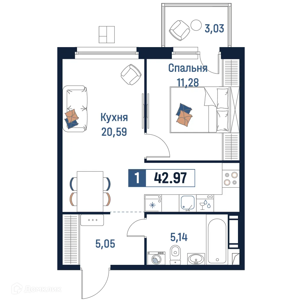 Планировка 1-комнатной квартиры 42.97 м² в ЖК Максималист, г. Мурино — фото 1
