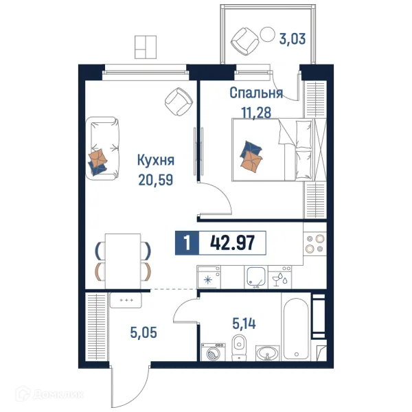 Планировка 1 комн. в ЖК Максималист