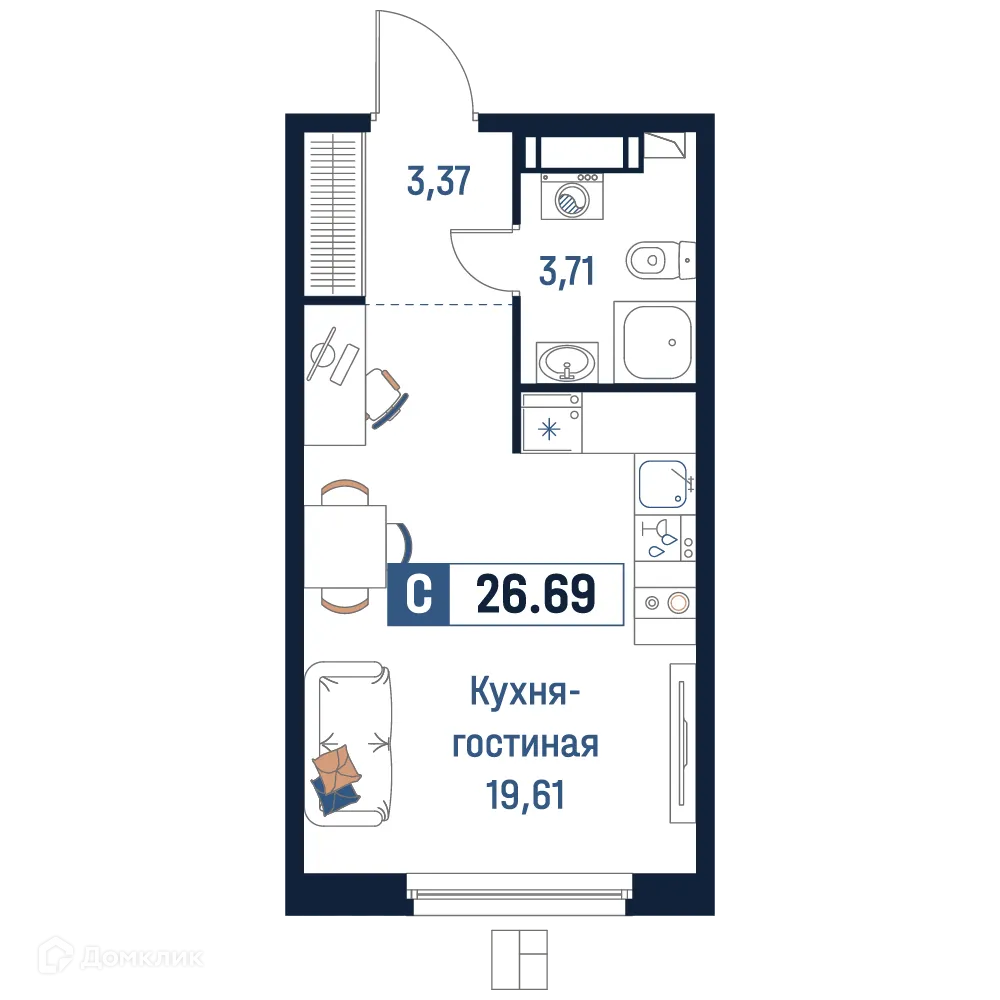 Планировка студии квартиры 26.69 м² в ЖК Максималист, г. Мурино — фото 1