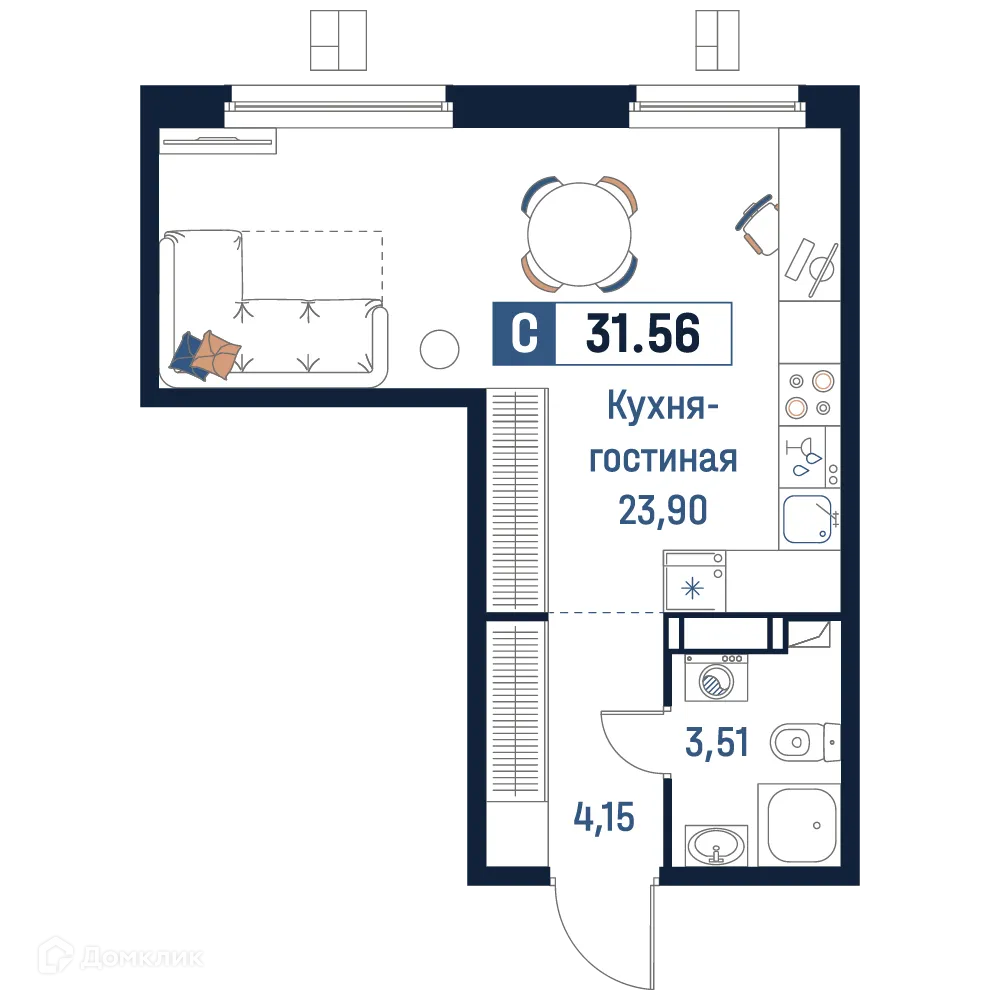 Планировка студии квартиры 31.56 м² в ЖК Максималист, г. Мурино — фото 1