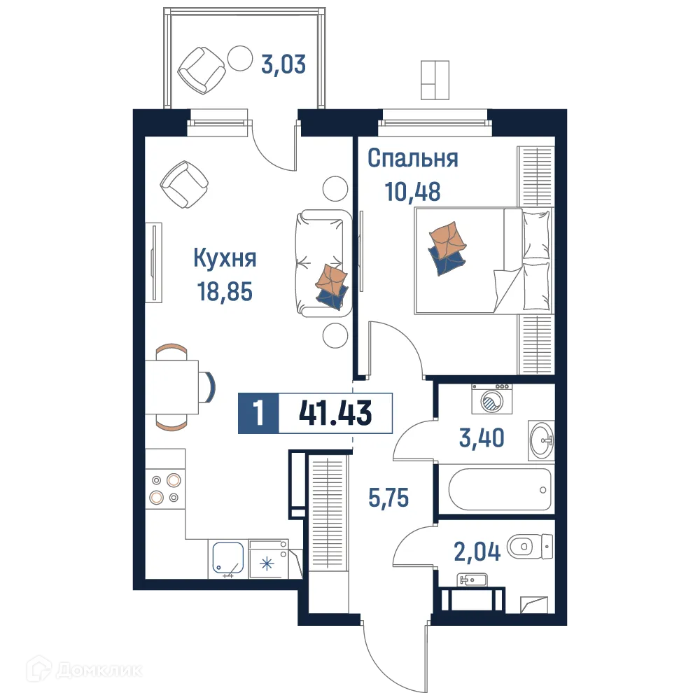 Планировка 1-комнатной квартиры 41.43 м² в ЖК Максималист, г. Мурино — фото 1
