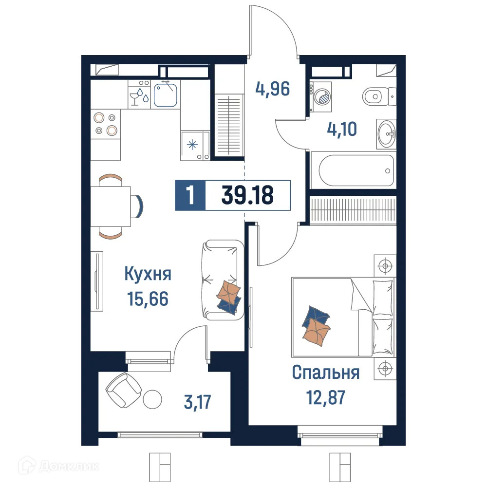 Планировка 1-комнатной квартиры 39.18 м² в ЖК Максималист, г. Мурино — фото 1