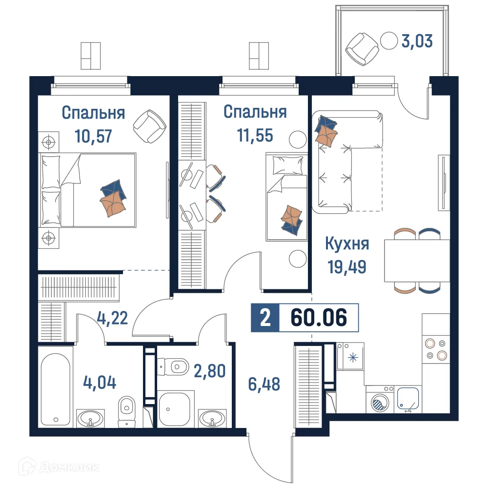 Планировка 2-комнатной квартиры 60.06 м² в ЖК Максималист, г. Мурино — фото 1