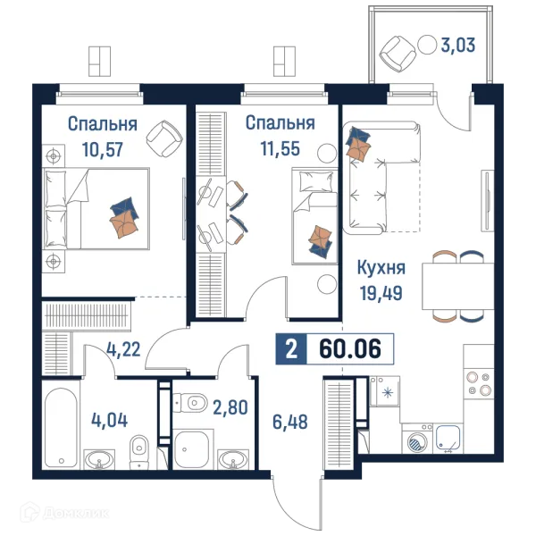 Планировка 2 комн. в ЖК Максималист