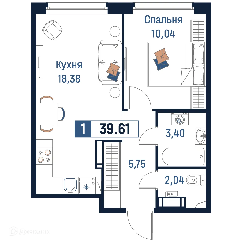 Планировка 1-комнатной квартиры 39.61 м² в ЖК Максималист, г. Мурино — фото 1
