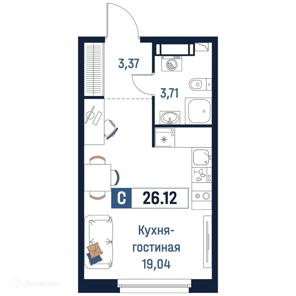 Планировка студии квартиры 26.12 м² в ЖК Максималист, г. Мурино — фото 1