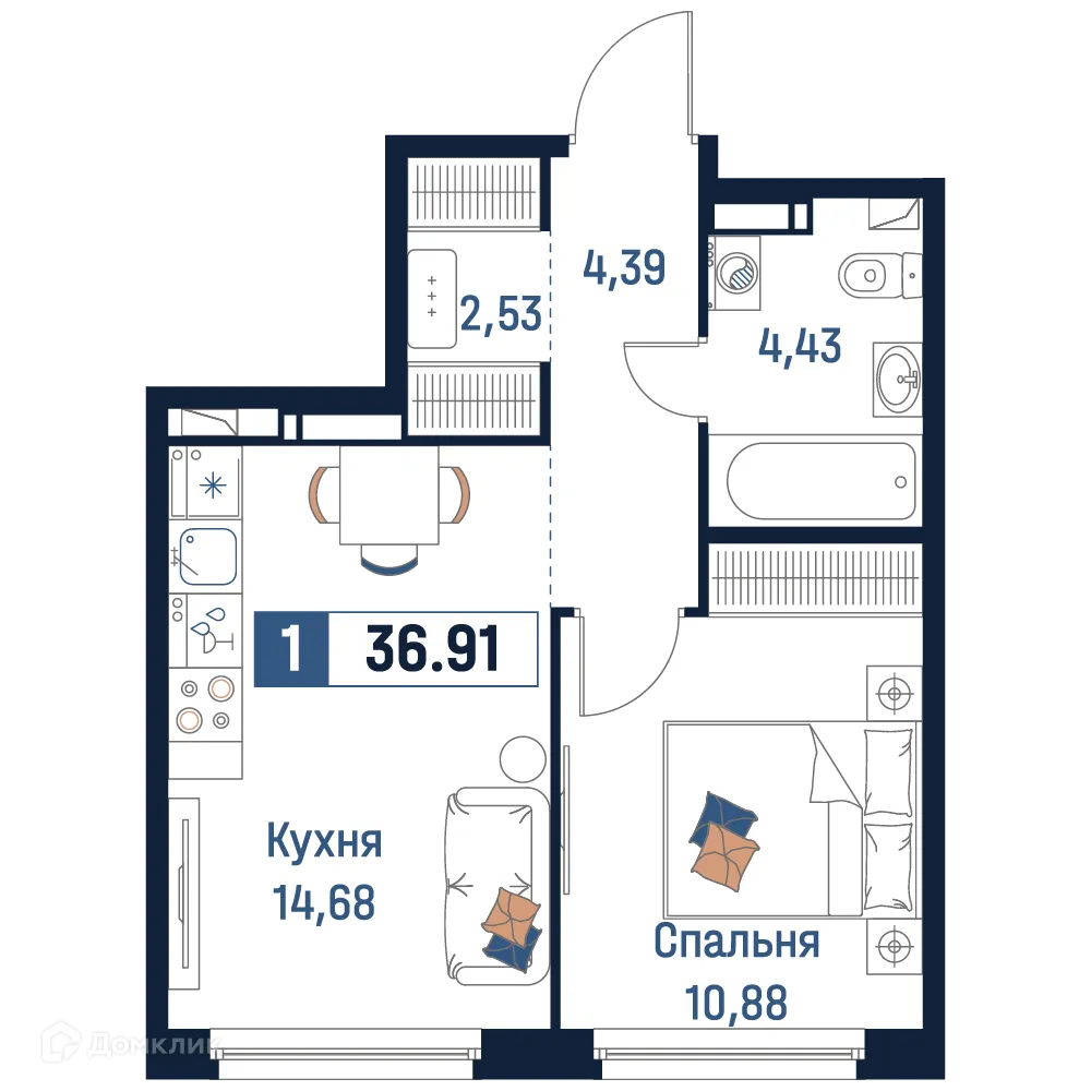 Планировка 1-комнатной квартиры 36.91 м² в ЖК Максималист, г. Мурино — фото 1