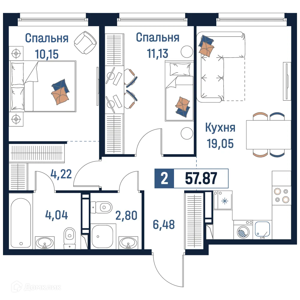 Планировка 2-комнатной квартиры 57.87 м² в ЖК Максималист, г. Мурино — фото 1