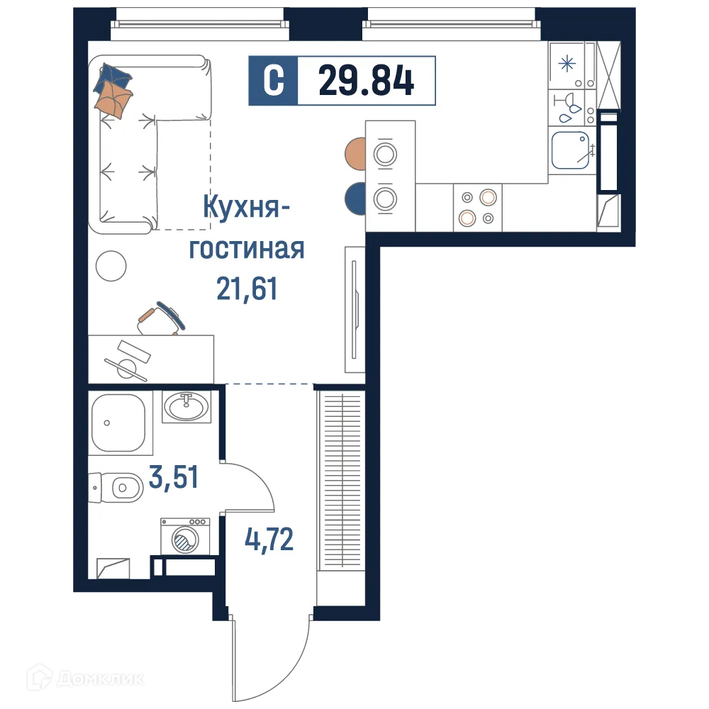 Планировка студии квартиры 29.84 м² в ЖК Максималист, г. Мурино — фото 1