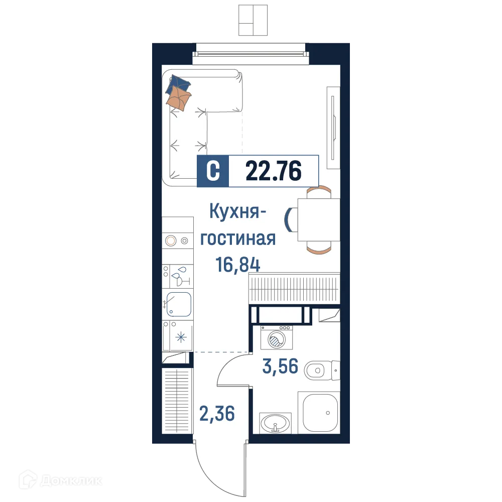 Планировка студии квартиры 22.76 м² в ЖК Максималист, г. Мурино — фото 1