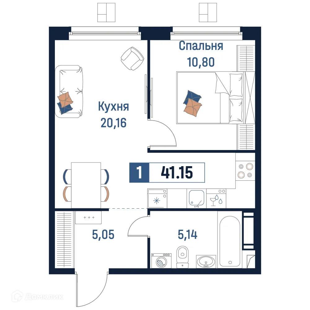 Планировка 1-комнатной квартиры 41.15 м² в ЖК Максималист, г. Мурино — фото 1
