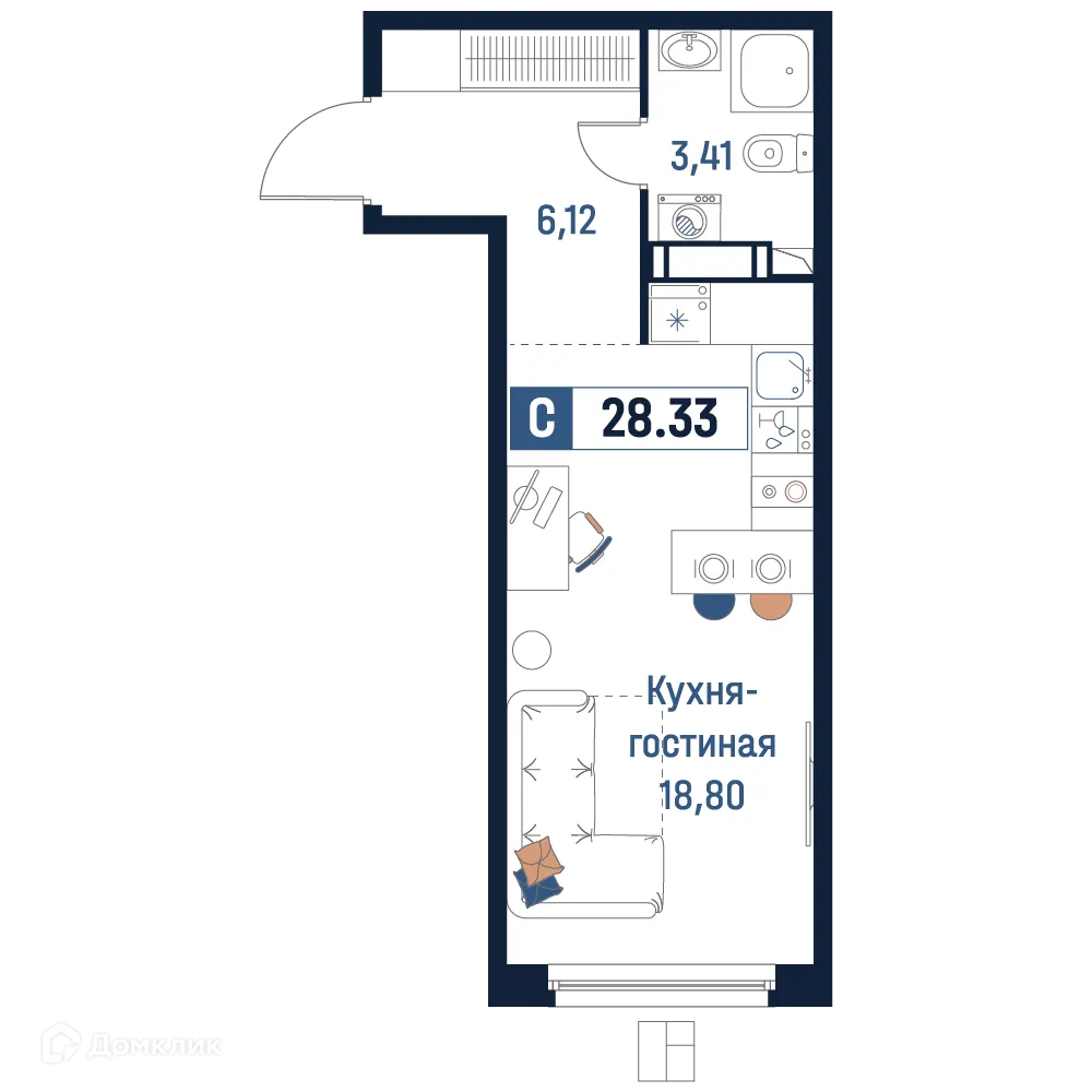 Планировка студии квартиры 28.33 м² в ЖК Максималист, г. Мурино — фото 1