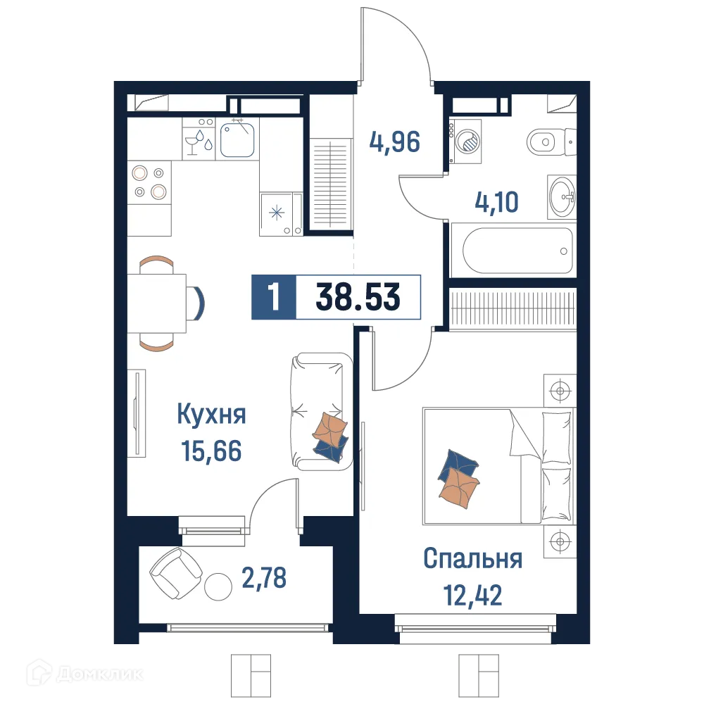 Планировка 1-комнатной квартиры 38.53 м² в ЖК Максималист, г. Мурино — фото 1