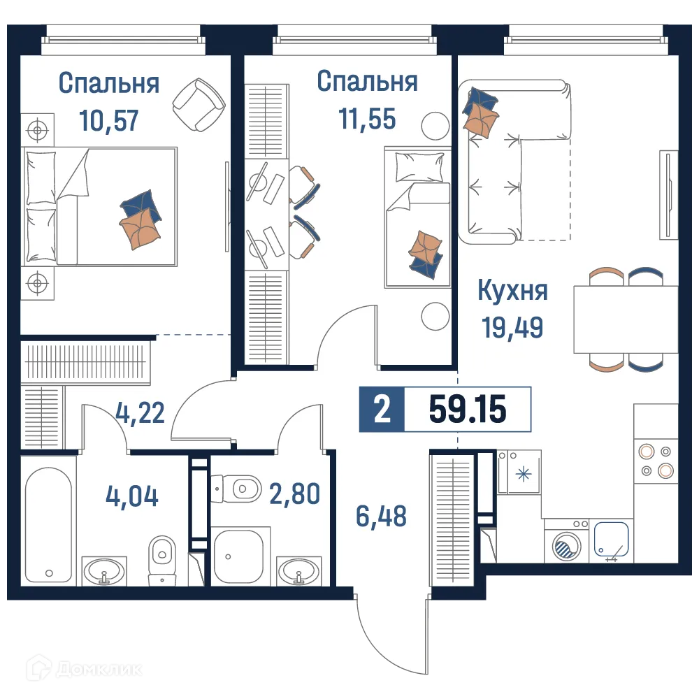 Планировка 2-комнатной квартиры 59.15 м² в ЖК Максималист, г. Мурино — фото 1