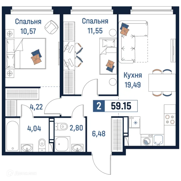 Планировка 2 комн. в ЖК Максималист