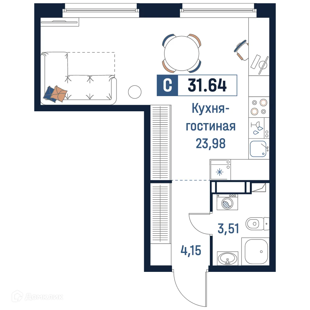 Планировка студии квартиры 31.64 м² в ЖК Максималист, г. Мурино — фото 1