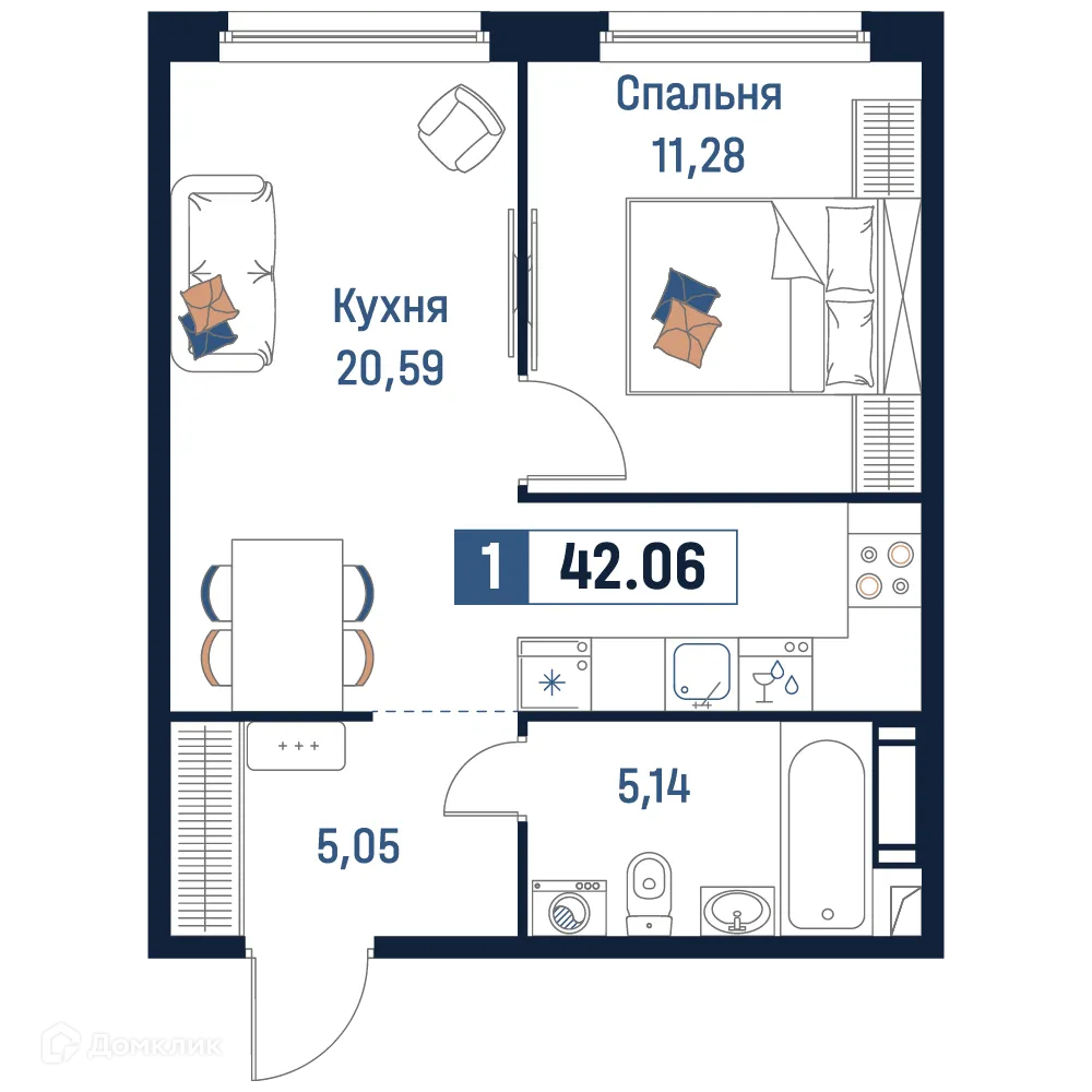 Планировка 1-комнатной квартиры 42.06 м² в ЖК Максималист, г. Мурино — фото 1
