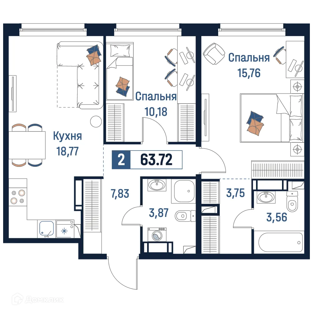 Планировка 2-комнатной квартиры 63.72 м² в ЖК Максималист, г. Мурино — фото 1