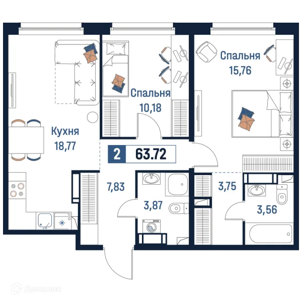 Планировка 2 комн. в ЖК Максималист