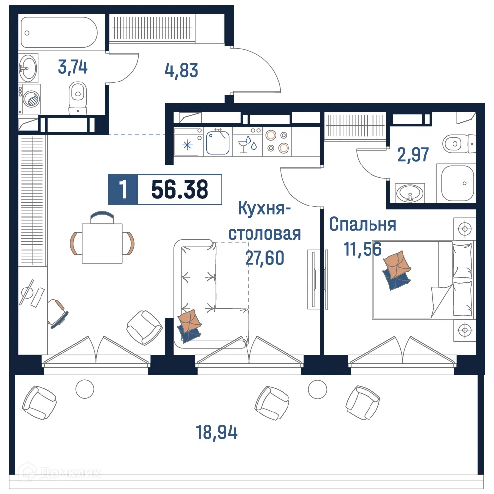 Планировка 1-комнатной квартиры 56.38 м² в ЖК Максималист, г. Мурино — фото 1