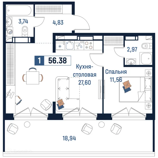 Планировка 1 комн. в ЖК Максималист