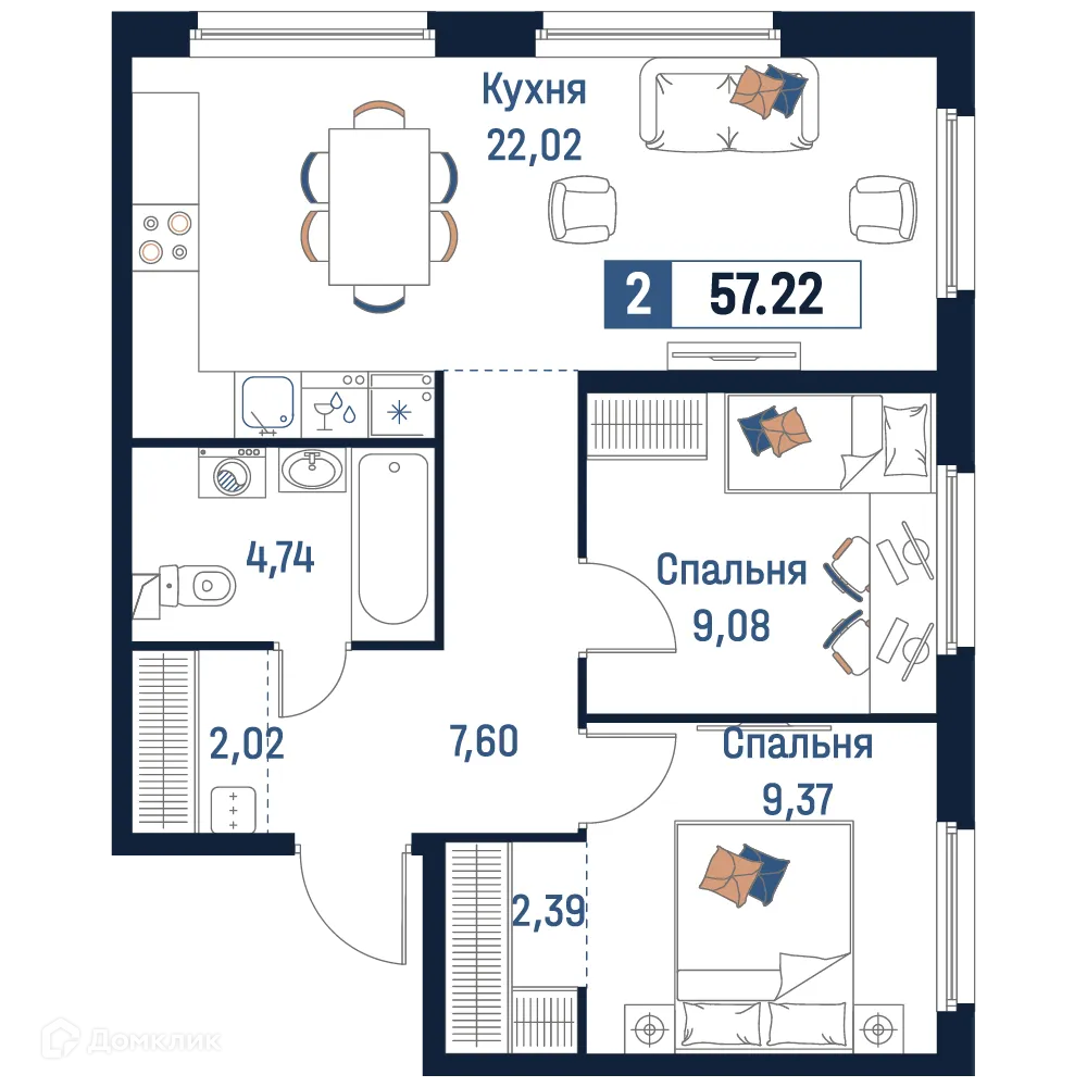 Планировка 2-комнатной квартиры 57.22 м² в ЖК Максималист, г. Мурино — фото 1