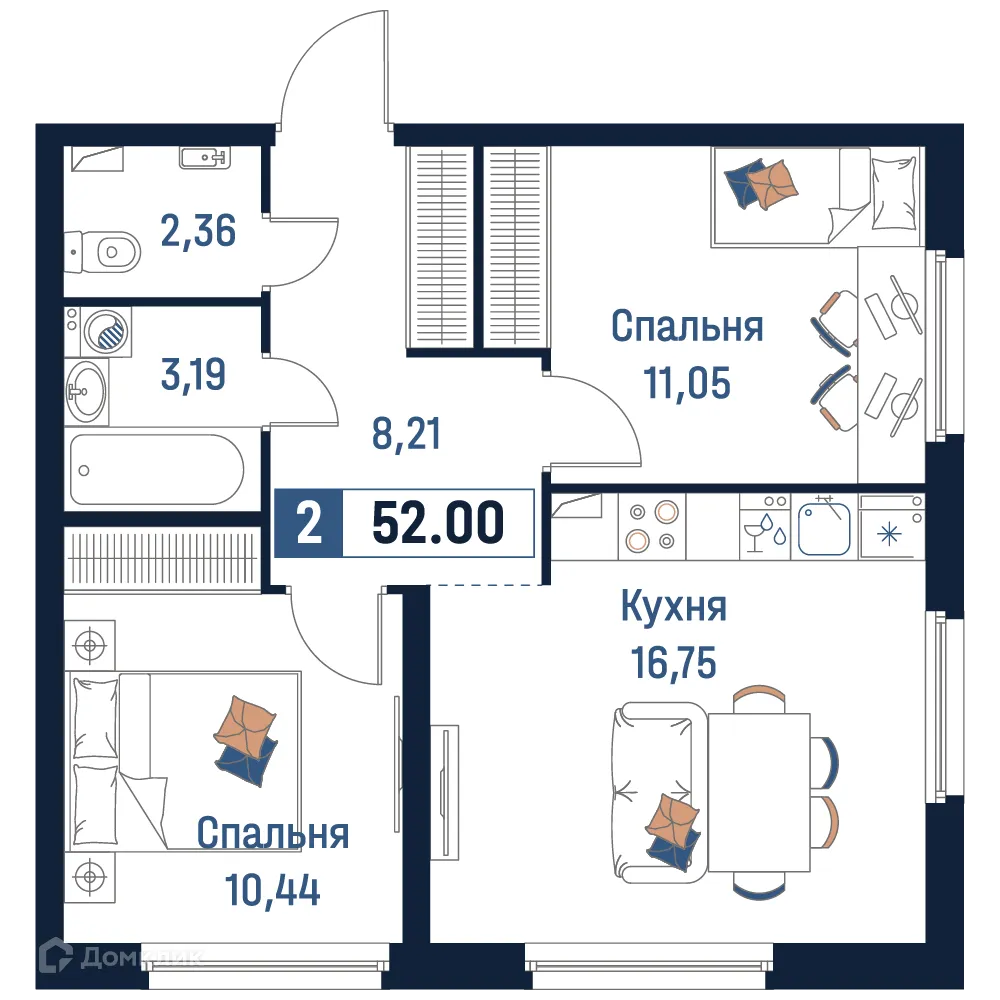 Планировка 2-комнатной квартиры 52 м² в ЖК Максималист, г. Мурино — фото 1