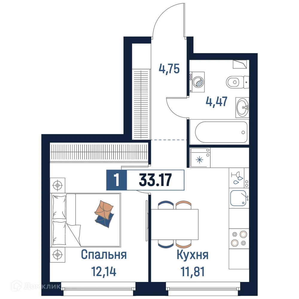 Планировка 1-комнатной квартиры 33.17 м² в ЖК Максималист, г. Мурино — фото 1