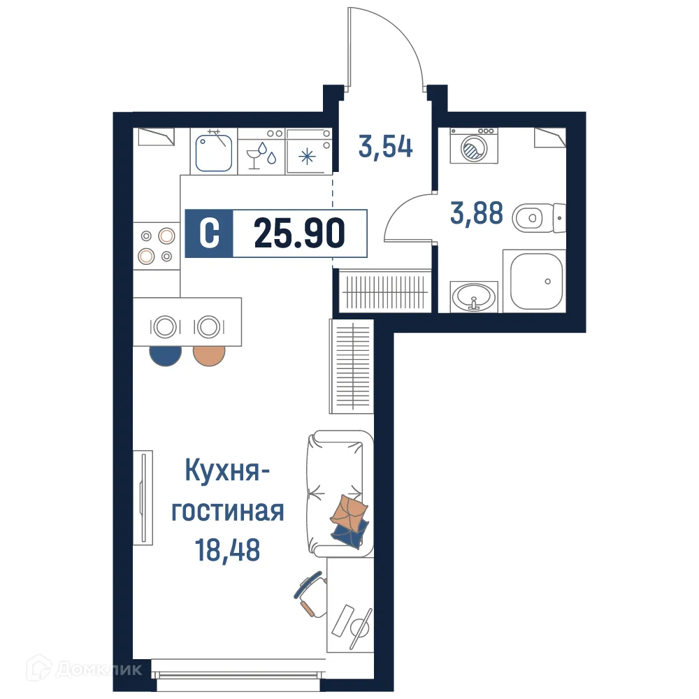 Планировка студии квартиры 25.9 м² в ЖК Максималист, г. Мурино — фото 1