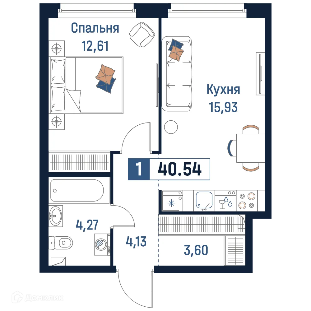 Планировка 1-комнатной квартиры 40.54 м² в ЖК Максималист, г. Мурино — фото 1