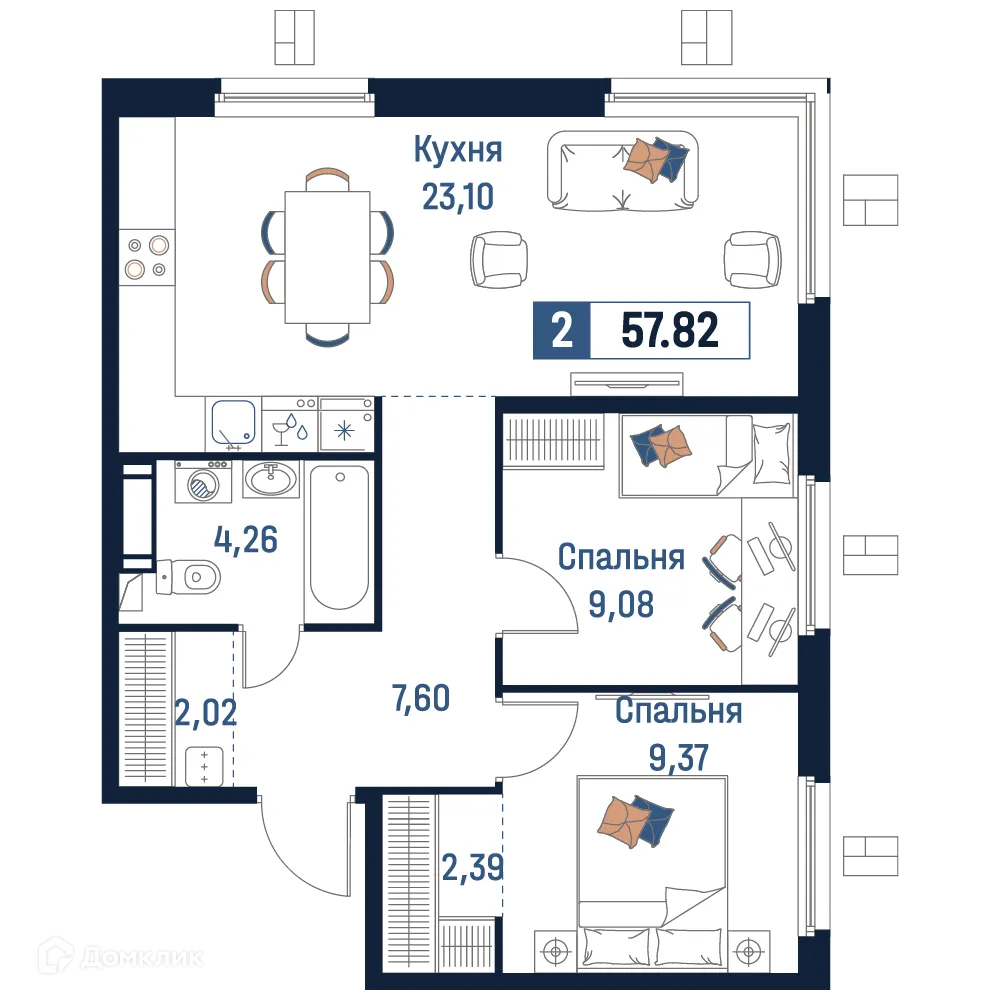 Планировка 2-комнатной квартиры 57.82 м² в ЖК Максималист, г. Мурино — фото 1