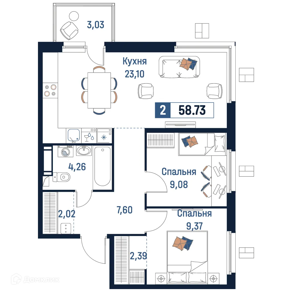 Планировка 2-комнатной квартиры 58.73 м² в ЖК Максималист, г. Мурино — фото 1