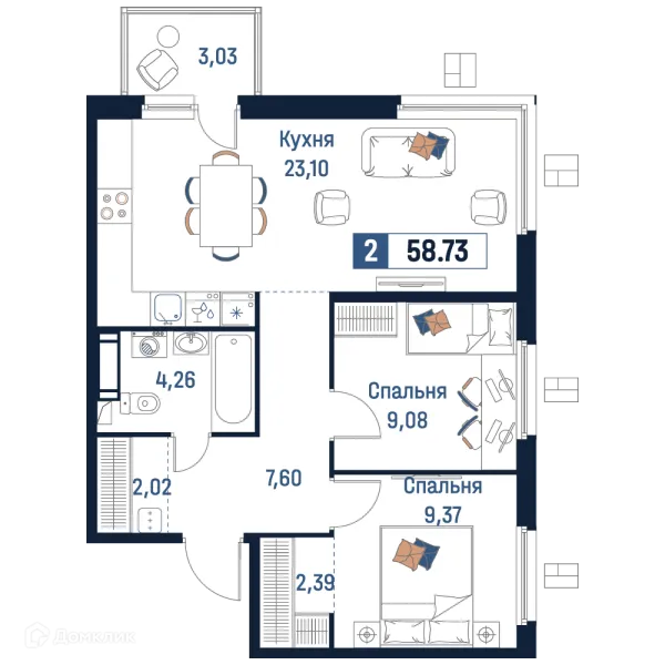 Планировка 2 комн. в ЖК Максималист