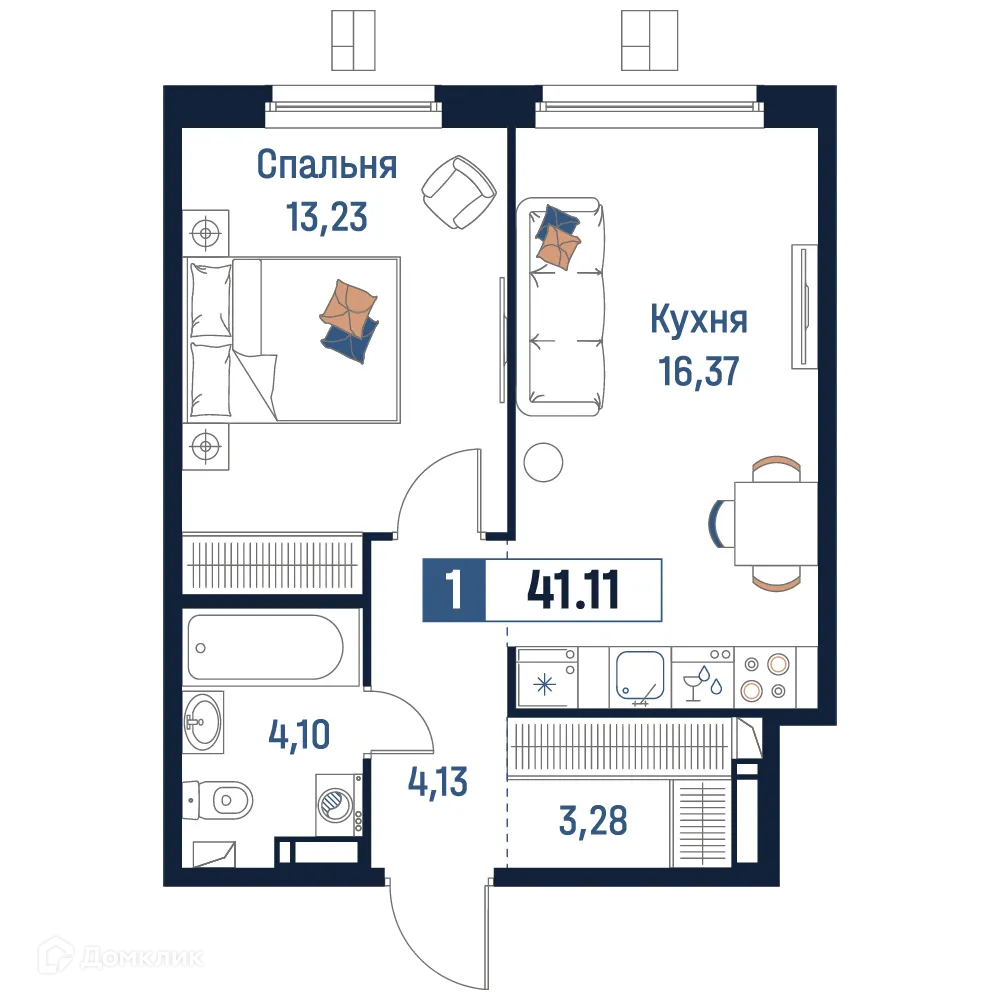 Планировка 1-комнатной квартиры 41.11 м² в ЖК Максималист, г. Мурино — фото 1