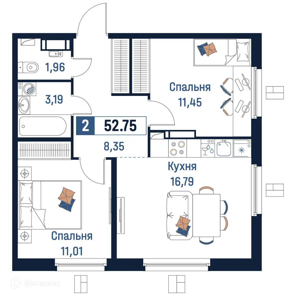 Планировка 2-комнатной квартиры 52.75 м² в ЖК Максималист, г. Мурино — фото 1