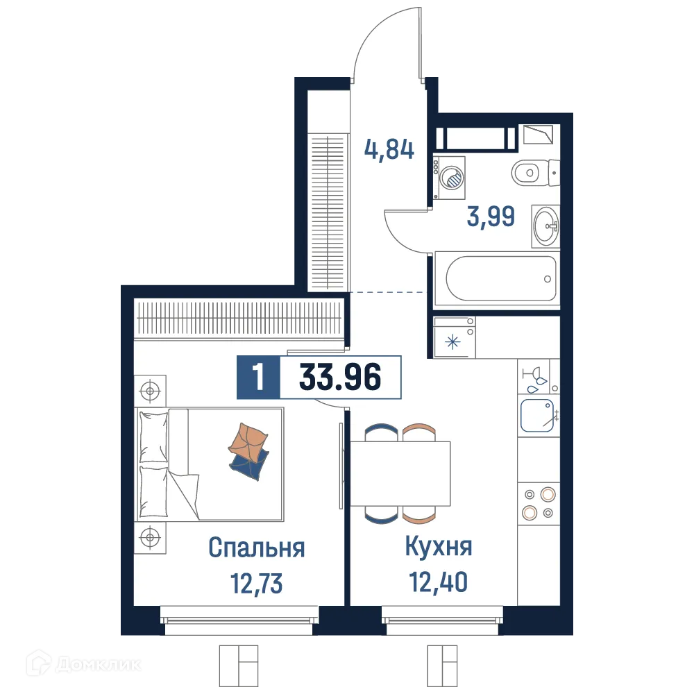 Планировка 1-комнатной квартиры 33.96 м² в ЖК Максималист, г. Мурино — фото 1