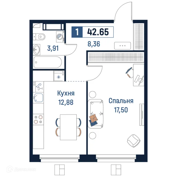 Планировка 1 комн. в ЖК Максималист