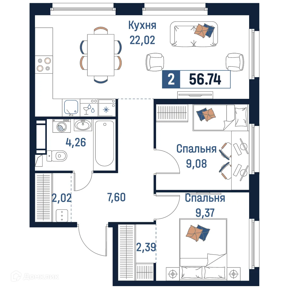 Планировка 2-комнатной квартиры 56.74 м² в ЖК Максималист, г. Мурино — фото 1