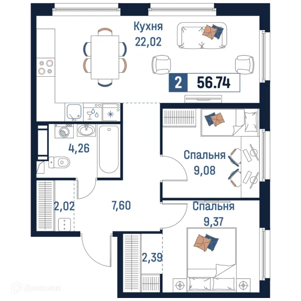 Планировка 2 комн. в ЖК Максималист