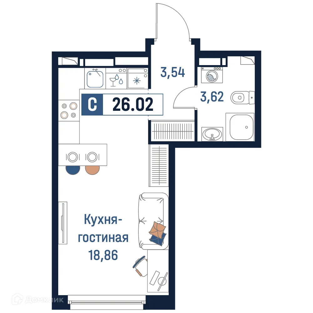 Планировка студии квартиры 26.02 м² в ЖК Максималист, г. Мурино — фото 1