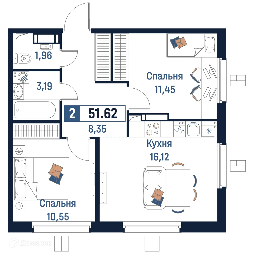 Планировка 2-комнатной квартиры 51.62 м² в ЖК Максималист, г. Мурино — фото 1