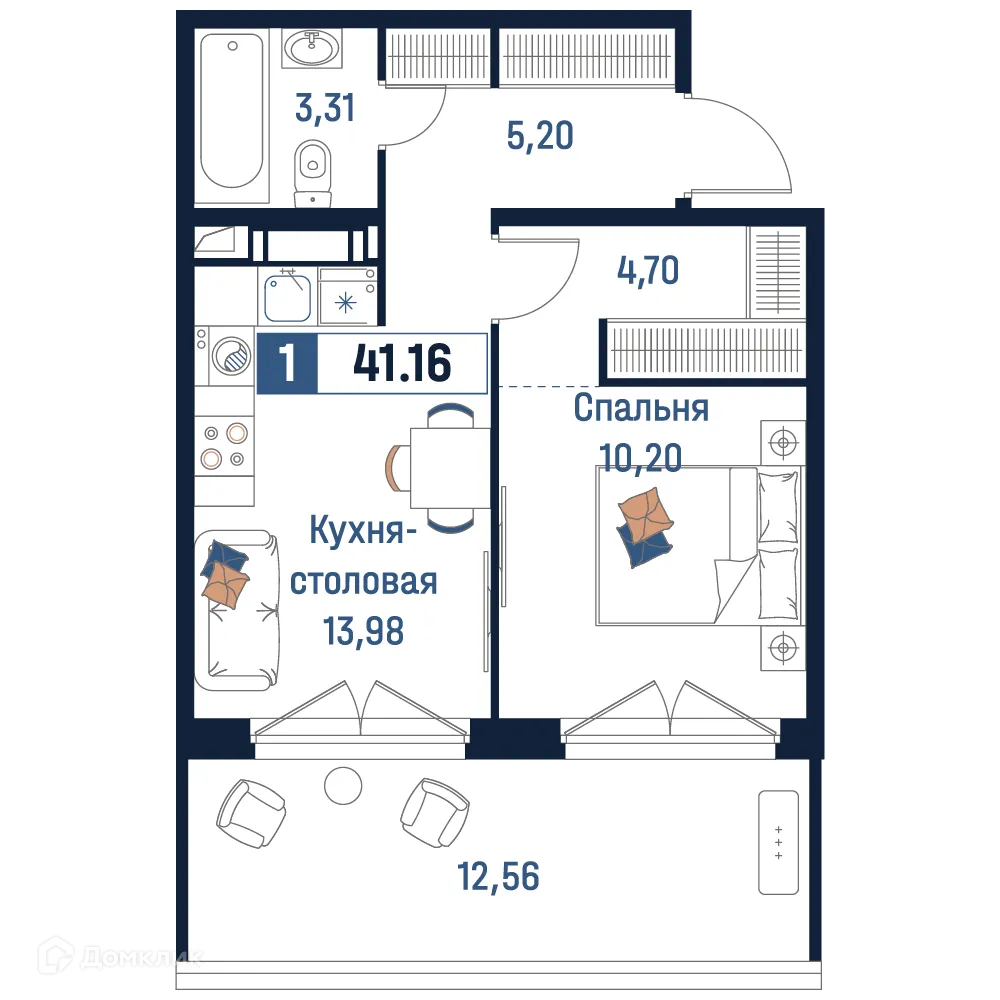 Планировка 1-комнатной квартиры 41.16 м² в ЖК Максималист, г. Мурино — фото 1