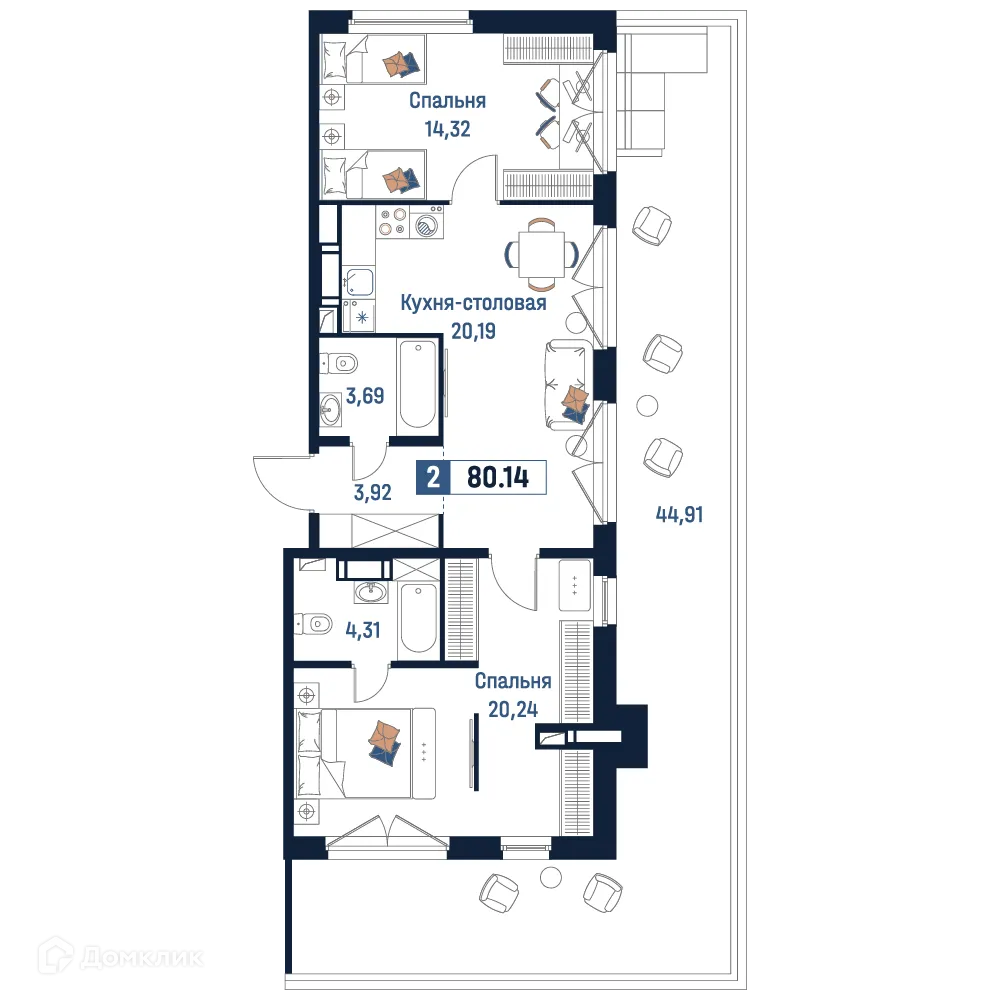 Планировка 2-комнатной квартиры 80.14 м² в ЖК Максималист, г. Мурино — фото 1